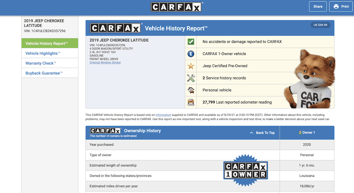 Фотография отчета CARFAX