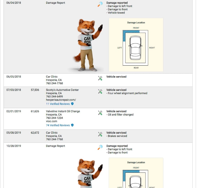 Изображение отчета Carfax о повреждении авто