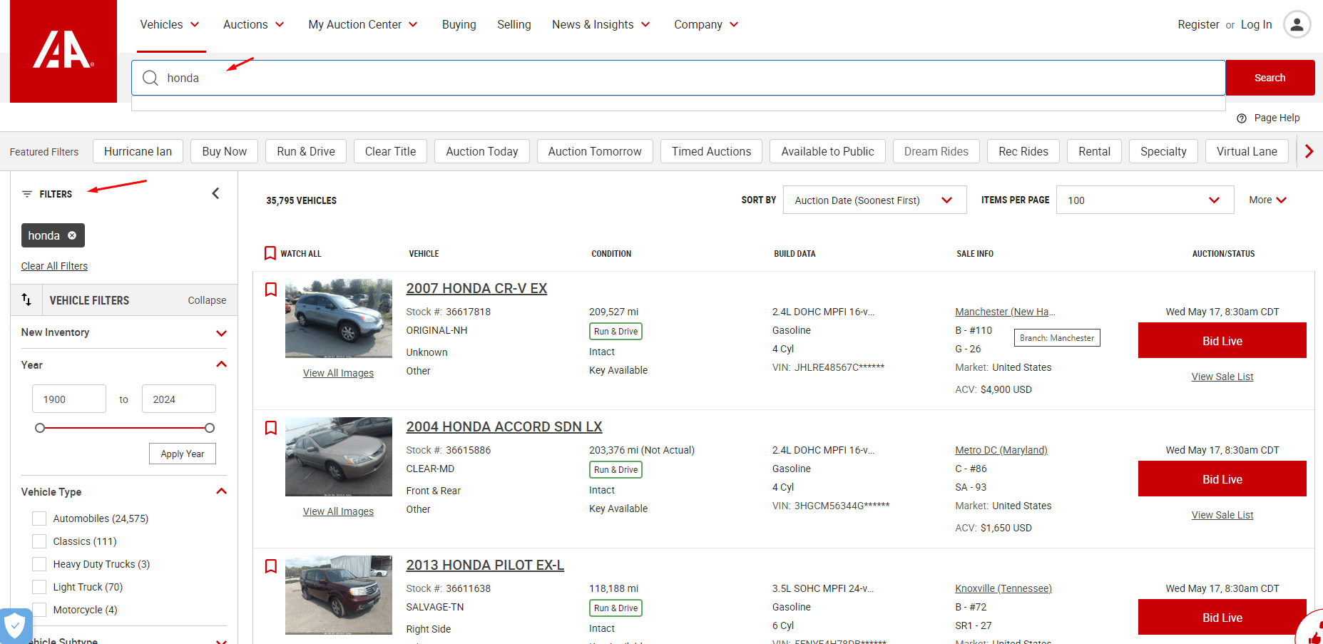 Скриншот страницы подбора авто на сайте IAAI